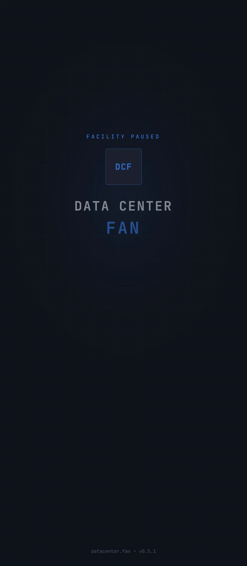 Ekran pauzy w Data Center Fan z opcjami Kontynuuj, Ustawienia i Zaloguj się